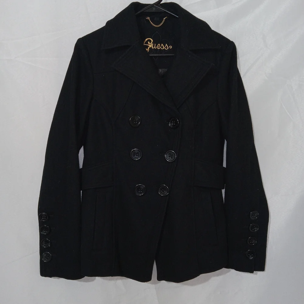 GUESS Jacket Womens Medium Double Breasted Wool Blend Pea Coat Preppy Vintage
